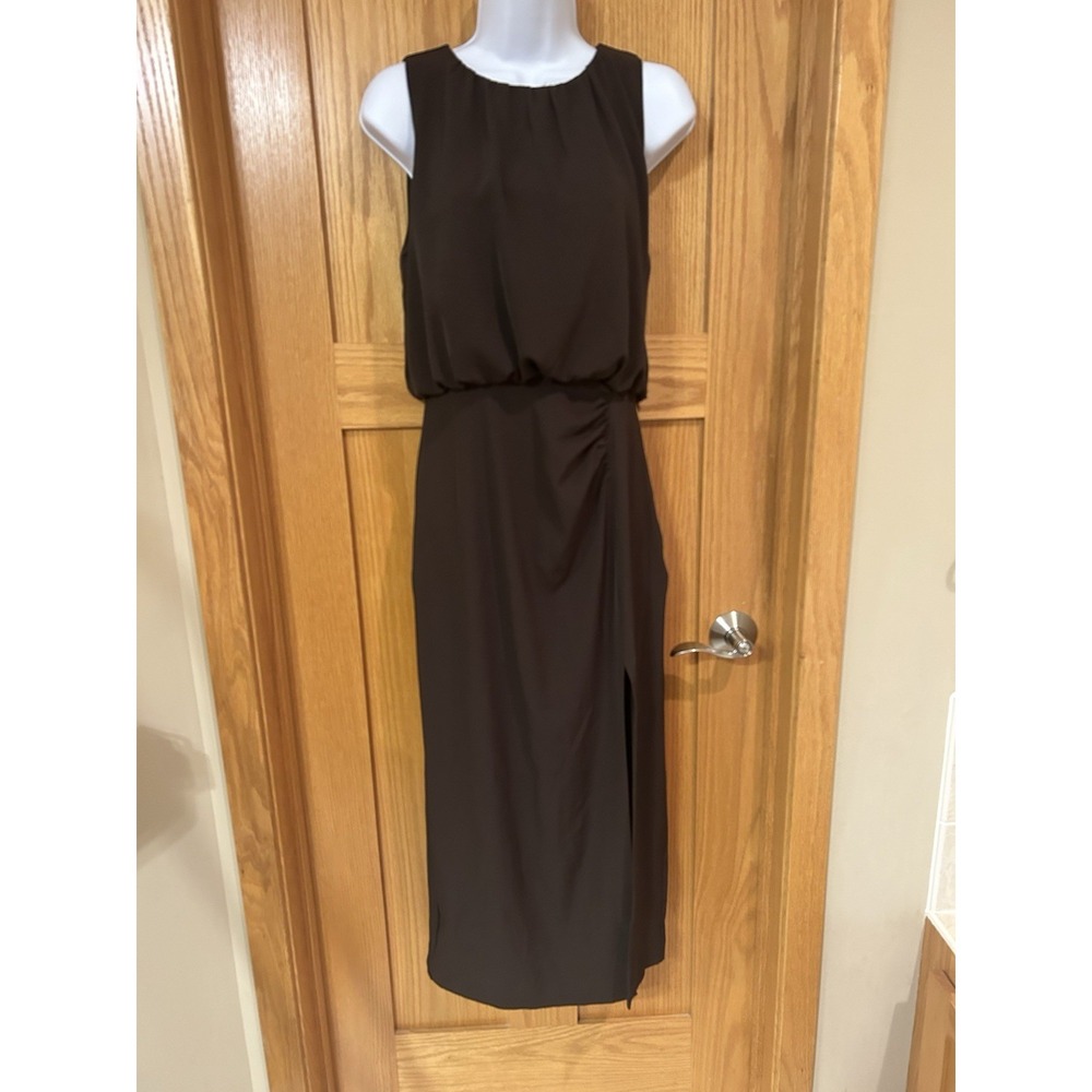 Zara Brown Midi Side Slit Gathered Waist Sleeveless Scoop Neck Dress Size Small